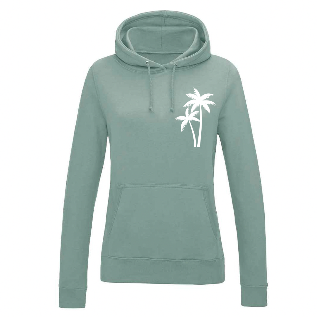 Ladies’ Fitted Christian Hoodie, The Righteous Shall Flourish Psalm 92:12, Palm Tree Sunset