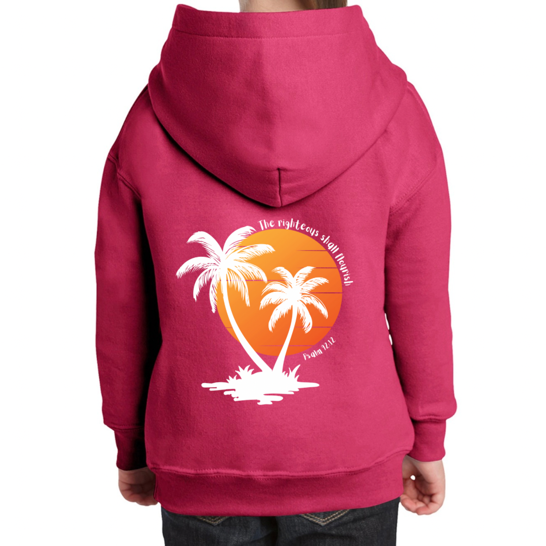 Children’s Christian Hoodie, The Righteous Shall Flourish Psalm 92:12, Palm Tree Sunset Design