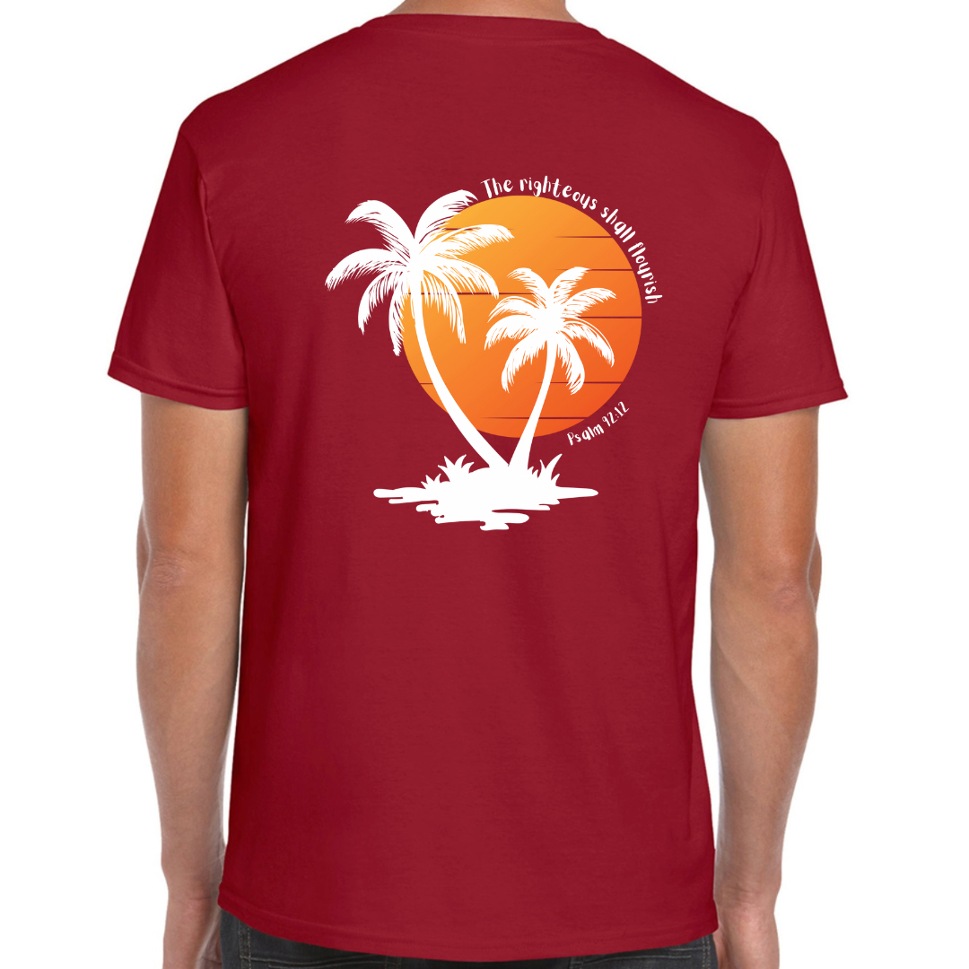 Unisex Christian T-Shirt, The Righteous Shall Flourish Psalm 92:12, Palm Tree Sunset