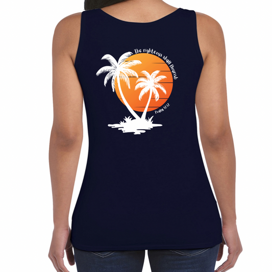 Ladies’ Christian Tank Top – The Righteous Shall Flourish Psalm 92:12, Palm Tree Sunset