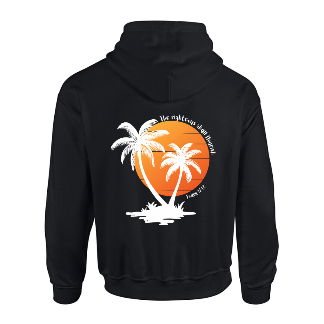 Unisex Christian Hoodie, The Righteous Shall Flourish Psalm 92:12, Palm Tree Sunset