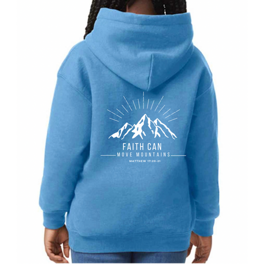 Faith Can Move Mountains Kids Fit Carolina Blue Hoodie Back