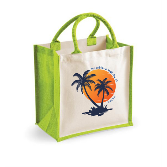 Christian Jute Canvas Tote Bag – The Righteous Shall Flourish Psalm 92:12, Palm Tree Sunset