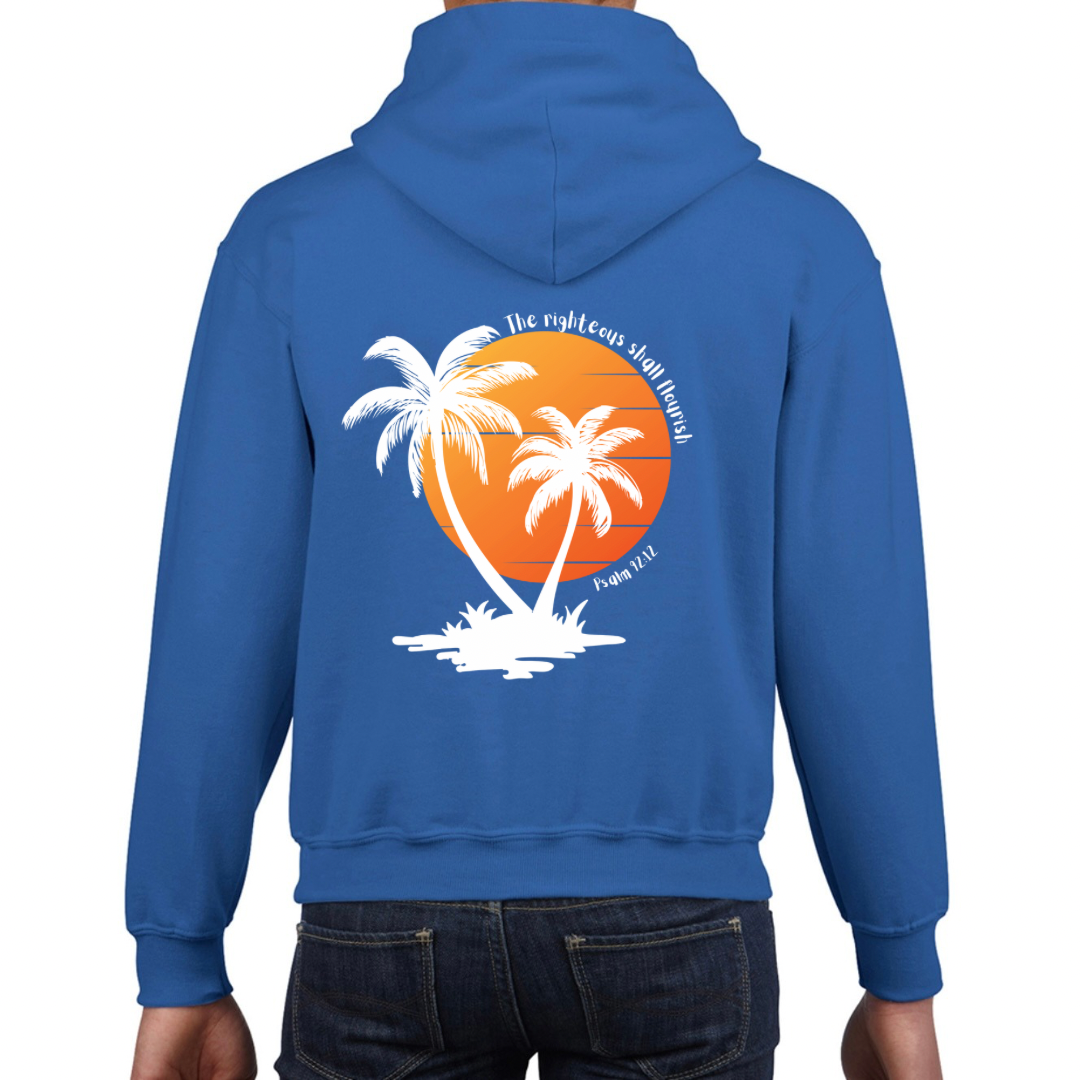 Children’s Christian Hoodie, The Righteous Shall Flourish Psalm 92:12, Palm Tree Sunset Design