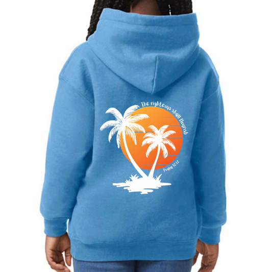 Children’s Christian Hoodie, The Righteous Shall Flourish Psalm 92:12, Palm Tree Sunset Design