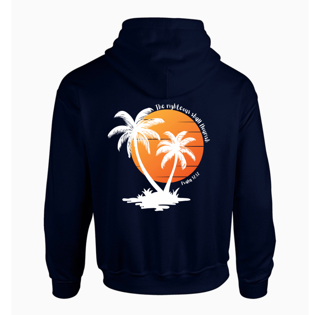 Unisex Christian Hoodie, The Righteous Shall Flourish Psalm 92:12, Palm Tree Sunset