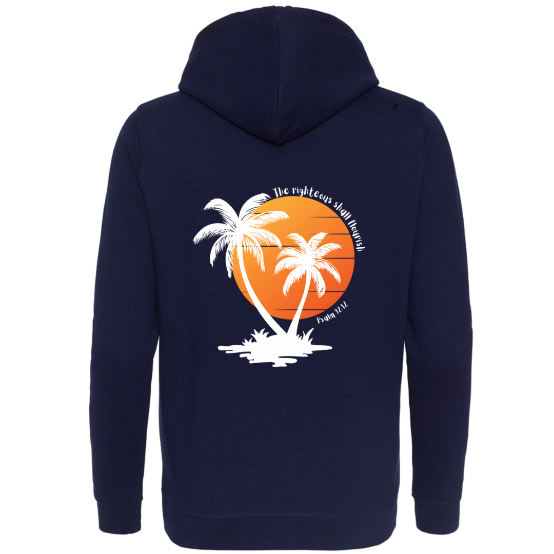 Ladies’ Fitted Christian Hoodie, The Righteous Shall Flourish Psalm 92:12, Palm Tree Sunset