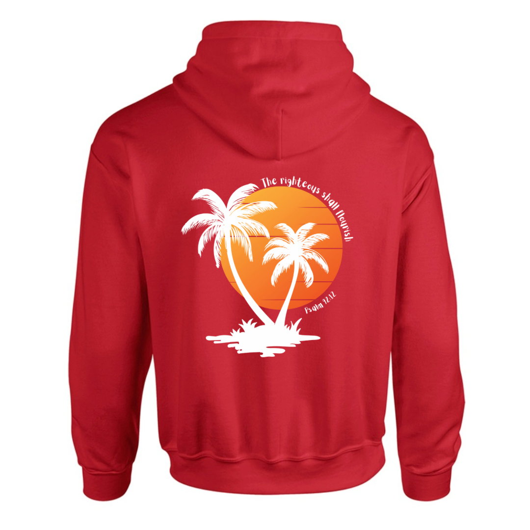 Unisex Christian Hoodie, The Righteous Shall Flourish Psalm 92:12, Palm Tree Sunset