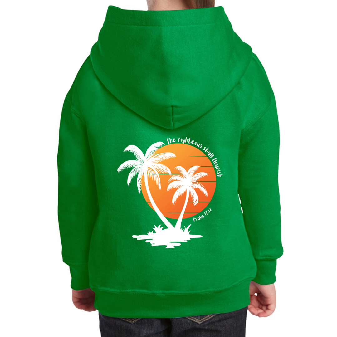 Children’s Christian Hoodie, The Righteous Shall Flourish Psalm 92:12, Palm Tree Sunset Design