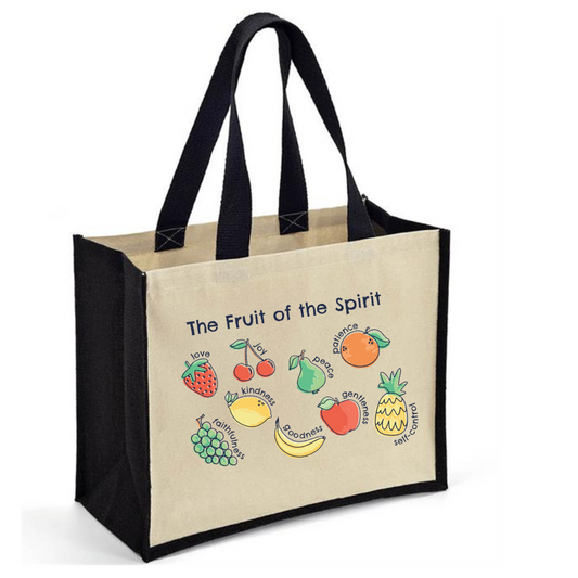 fruits of the spirit Jute bag, bible verse bag black
