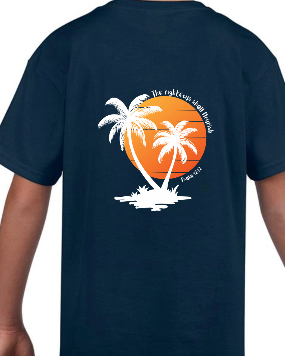 Unisex Christian T-Shirt, The Righteous Shall Flourish Psalm 92:12, Palm Tree Sunset