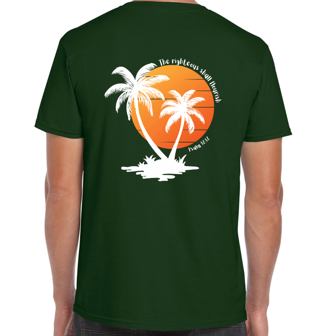 Unisex Christian T-Shirt, The Righteous Shall Flourish Psalm 92:12, Palm Tree Sunset