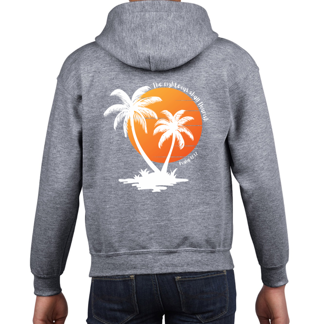 Children’s Christian Hoodie, The Righteous Shall Flourish Psalm 92:12, Palm Tree Sunset Design