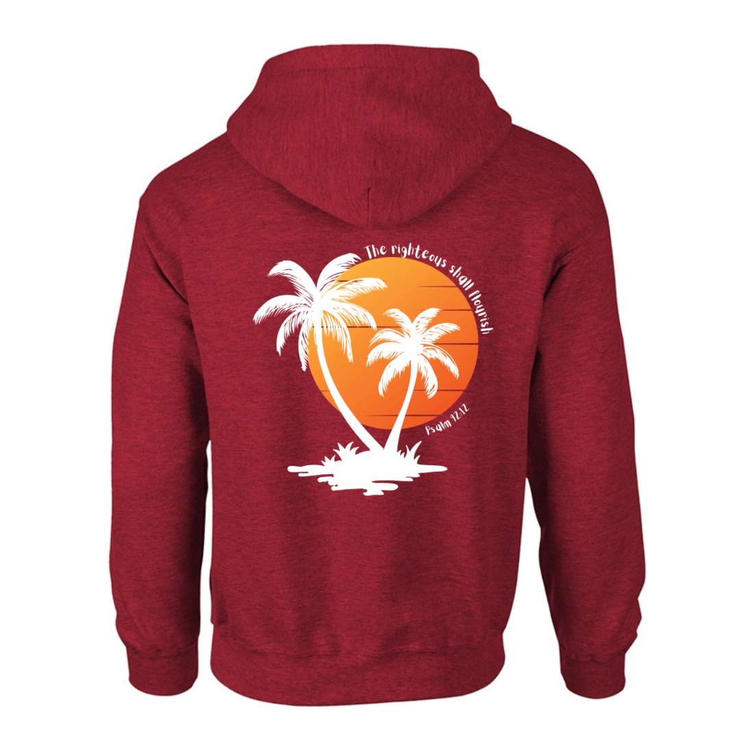 Unisex Christian Hoodie, The Righteous Shall Flourish Psalm 92:12, Palm Tree Sunset