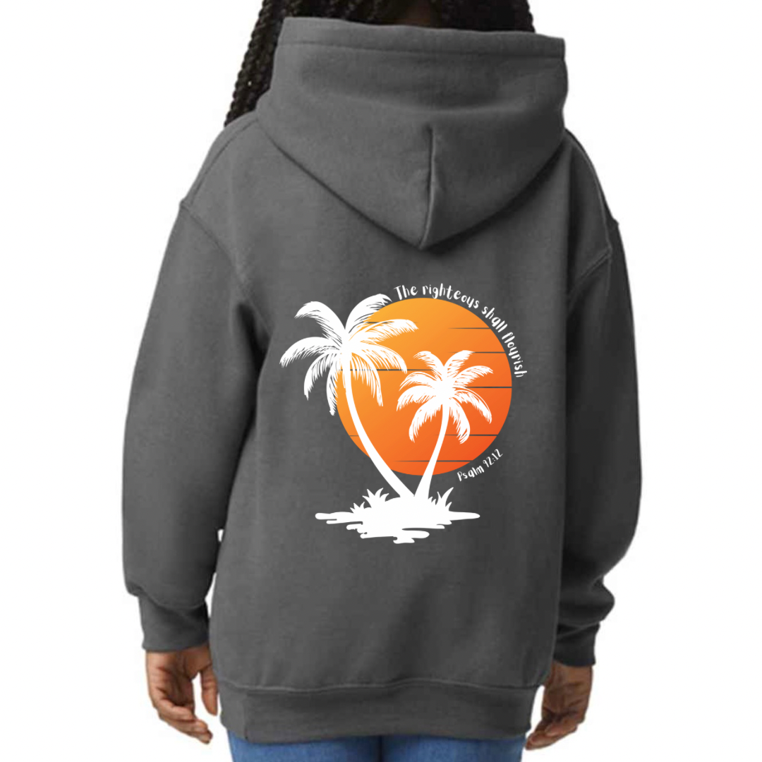 Children’s Christian Hoodie, The Righteous Shall Flourish Psalm 92:12, Palm Tree Sunset Design