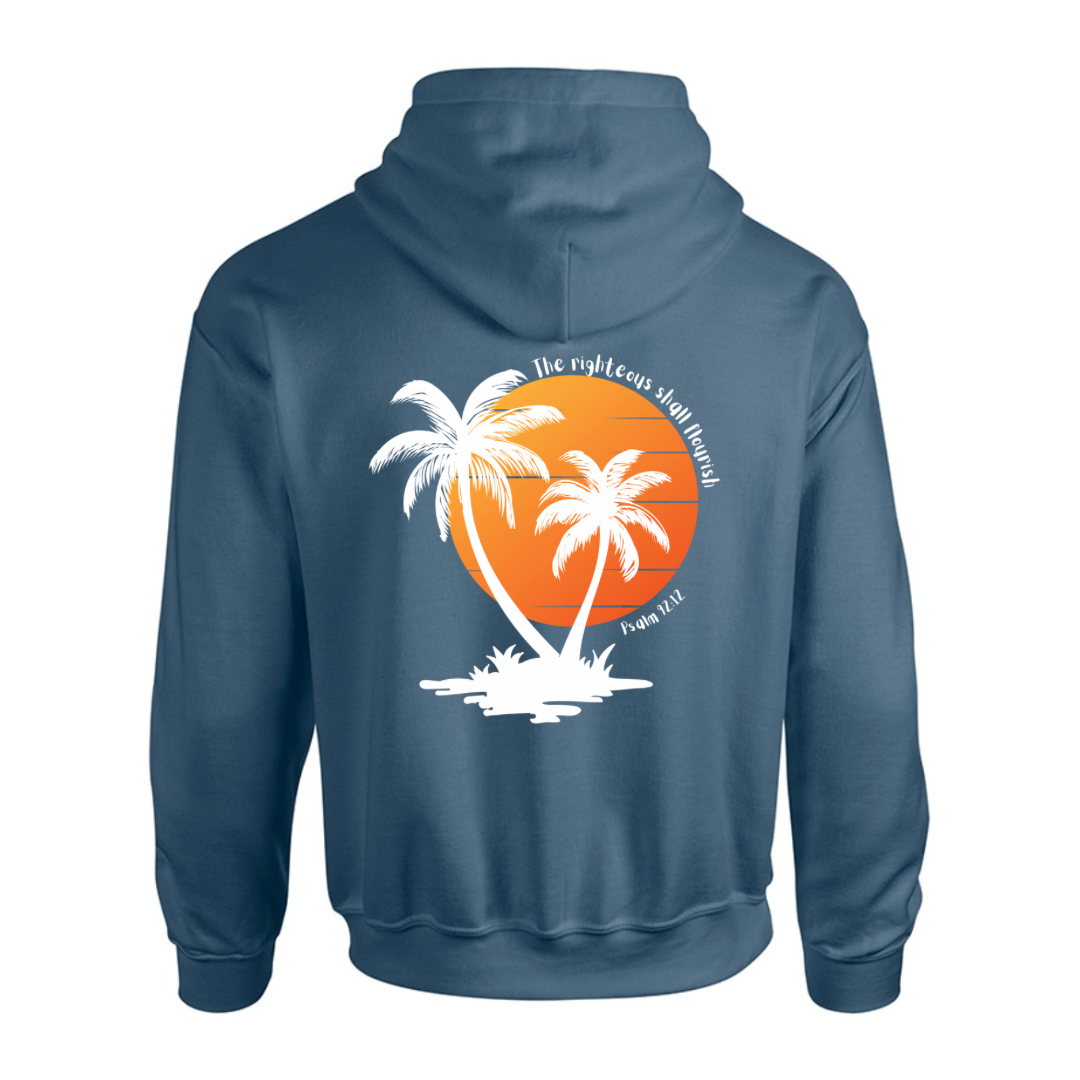 Unisex Christian Hoodie, The Righteous Shall Flourish Psalm 92:12, Palm Tree Sunset