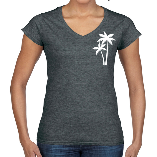 Ladies’ Fitted Christian T-Shirt – The Righteous Shall Flourish Psalm 92:12, Palm Tree Sunset