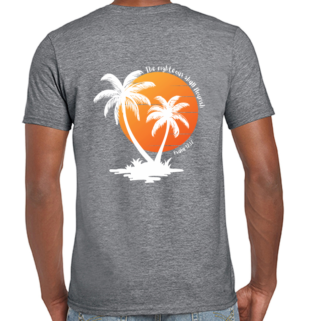 Unisex Christian T-Shirt, The Righteous Shall Flourish Psalm 92:12, Palm Tree Sunset
