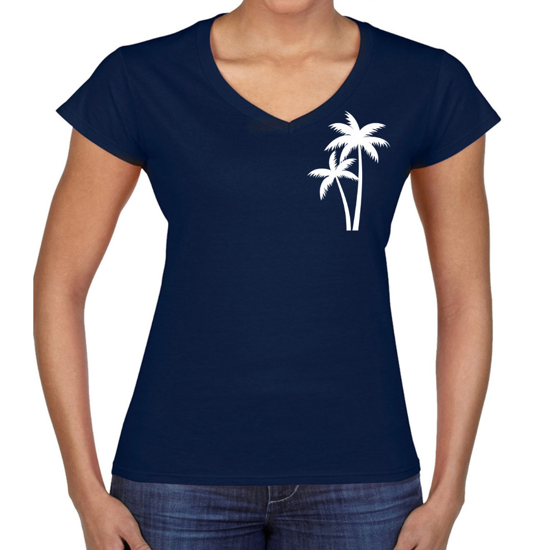 Ladies’ Fitted Christian T-Shirt – The Righteous Shall Flourish Psalm 92:12, Palm Tree Sunset