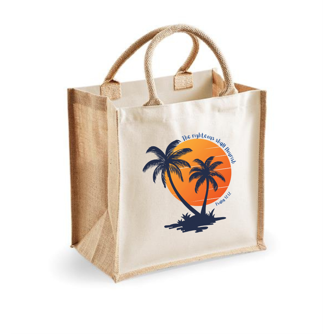 Christian Jute Canvas Tote Bag – The Righteous Shall Flourish Psalm 92:12, Palm Tree Sunset