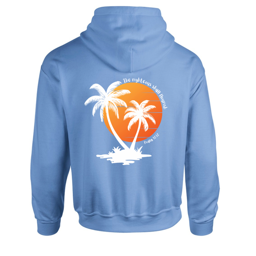 Unisex Christian Hoodie, The Righteous Shall Flourish Psalm 92:12, Palm Tree Sunset