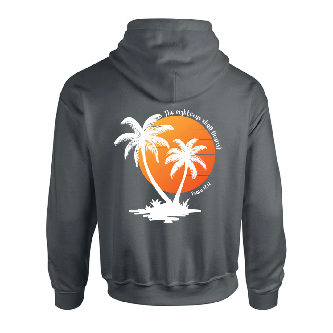 Unisex Christian Hoodie, The Righteous Shall Flourish Psalm 92:12, Palm Tree Sunset
