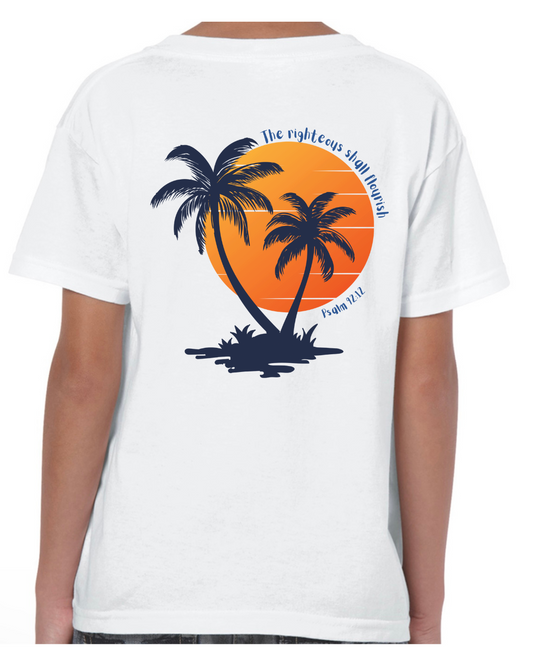 Unisex Christian T-Shirt, The Righteous Shall Flourish Psalm 92:12, Palm Tree Sunset