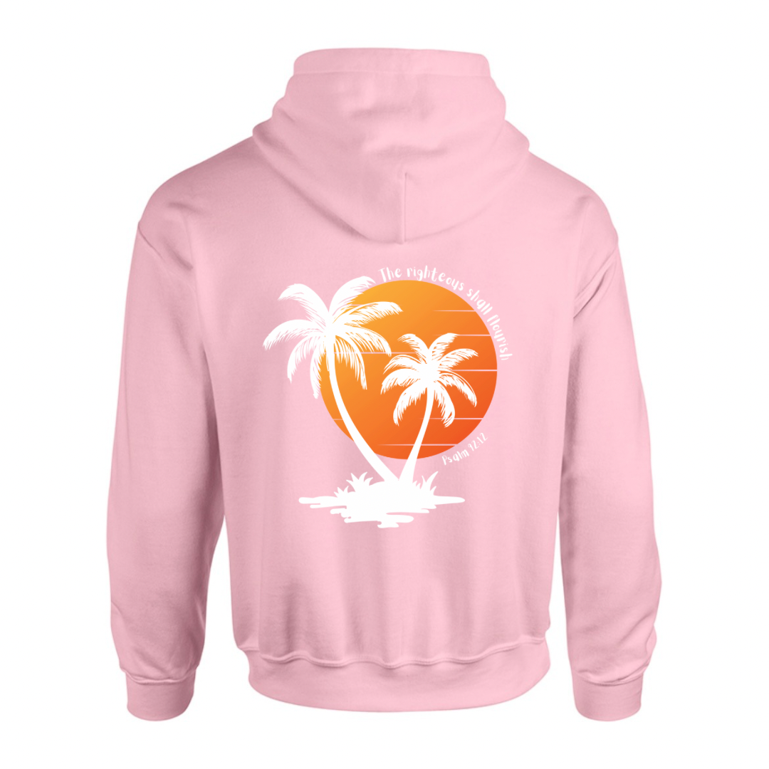 Unisex Christian Hoodie, The Righteous Shall Flourish Psalm 92:12, Palm Tree Sunset