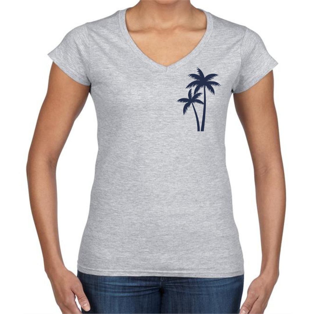 Ladies’ Fitted Christian T-Shirt – The Righteous Shall Flourish Psalm 92:12, Palm Tree Sunset