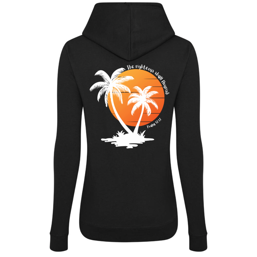 Ladies’ Fitted Christian Hoodie, The Righteous Shall Flourish Psalm 92:12, Palm Tree Sunset