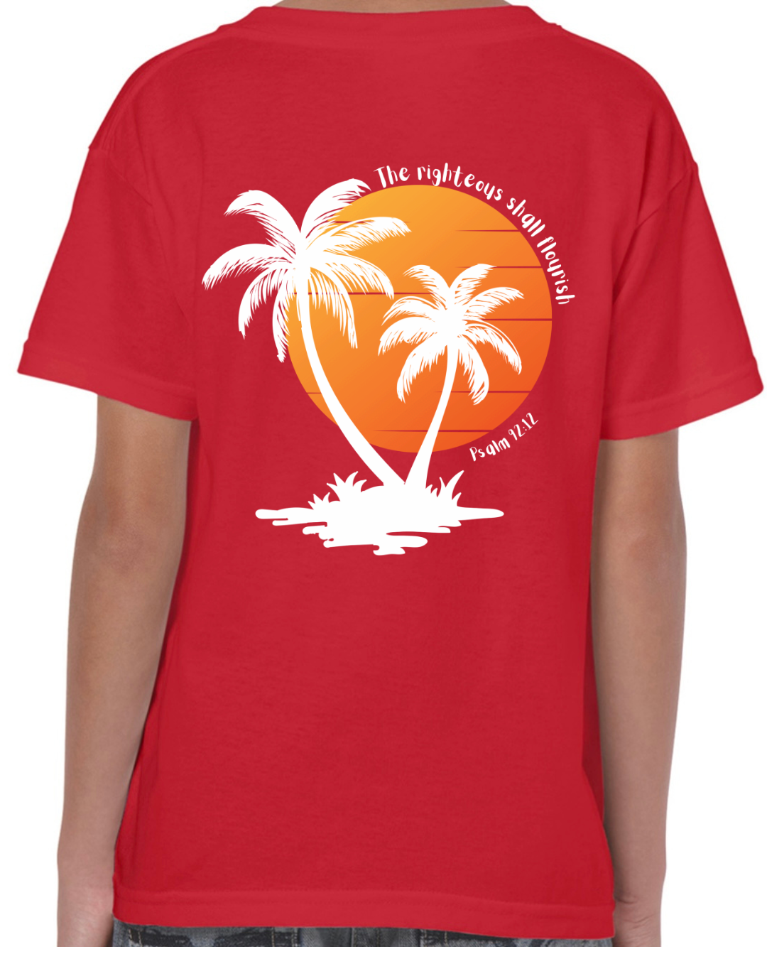 Unisex Christian T-Shirt, The Righteous Shall Flourish Psalm 92:12, Palm Tree Sunset