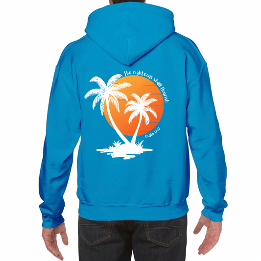 Unisex Christian Hoodie, The Righteous Shall Flourish Psalm 92:12, Palm Tree Sunset