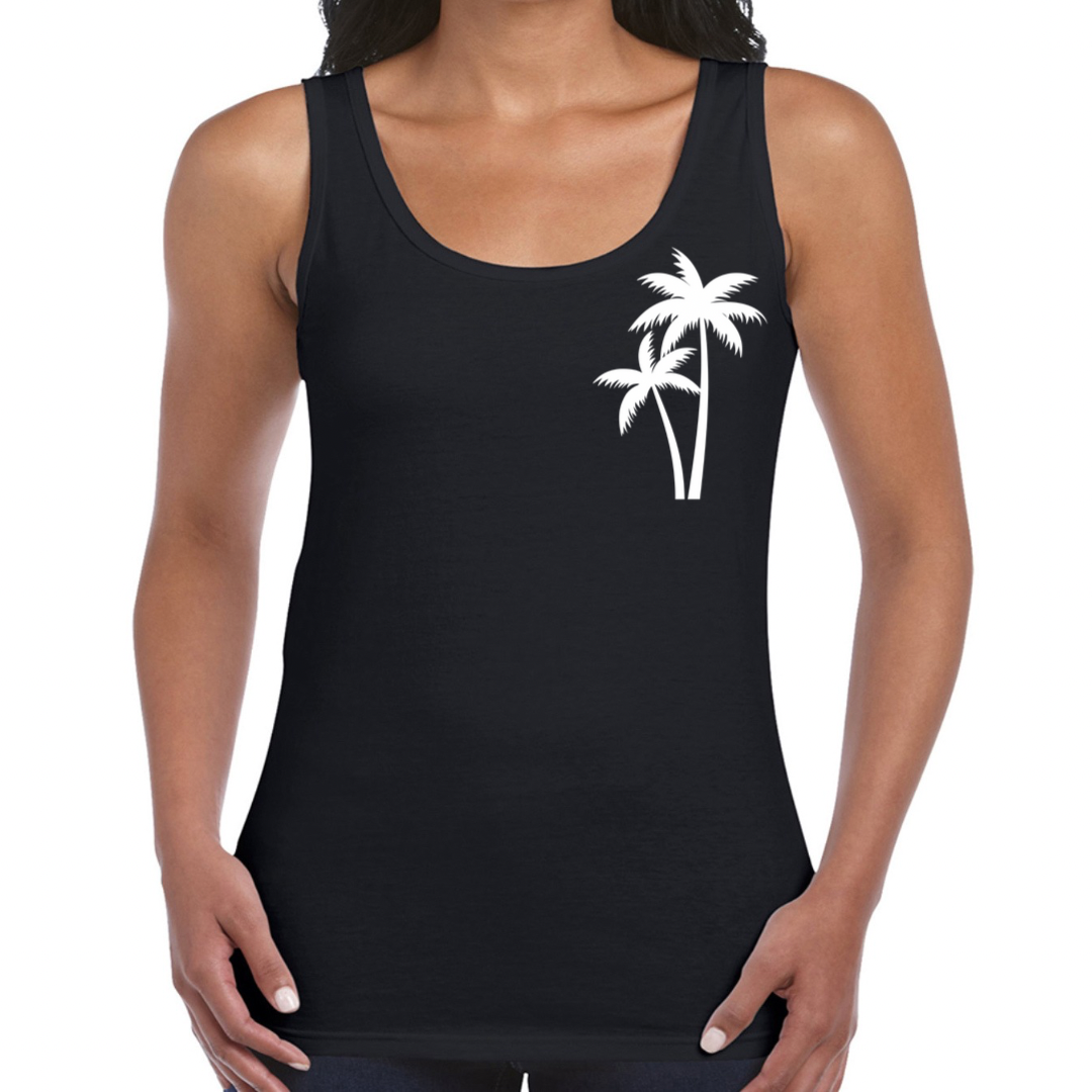 Ladies’ Christian Tank Top – The Righteous Shall Flourish Psalm 92:12, Palm Tree Sunset