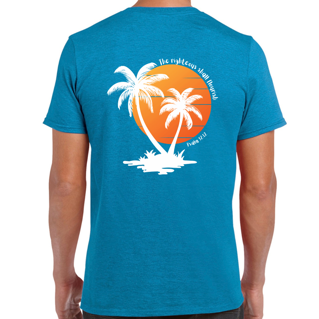 Unisex Christian T-Shirt, The Righteous Shall Flourish Psalm 92:12, Palm Tree Sunset