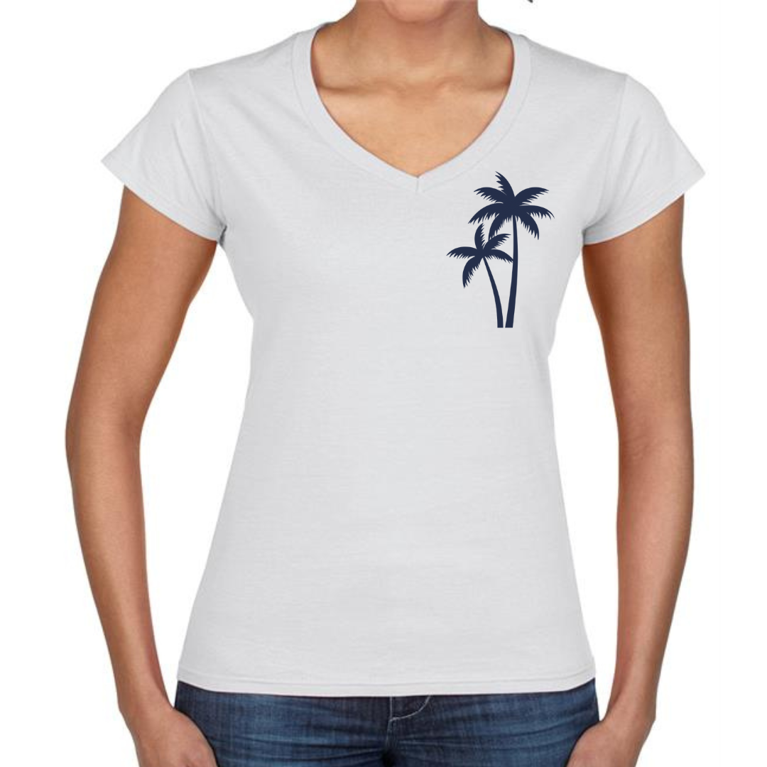Ladies’ Fitted Christian T-Shirt – The Righteous Shall Flourish Psalm 92:12, Palm Tree Sunset