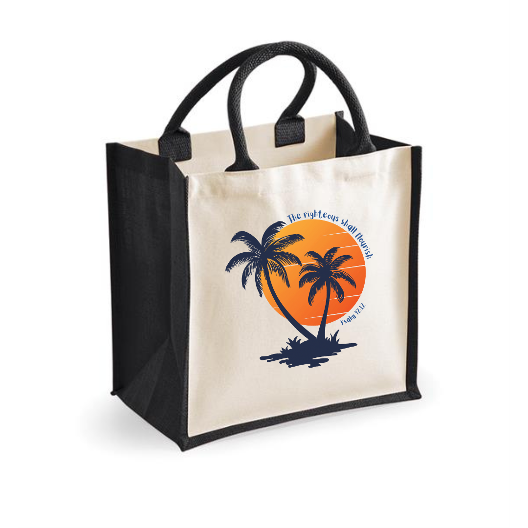 Christian Jute Canvas Tote Bag – The Righteous Shall Flourish Psalm 92:12, Palm Tree Sunset