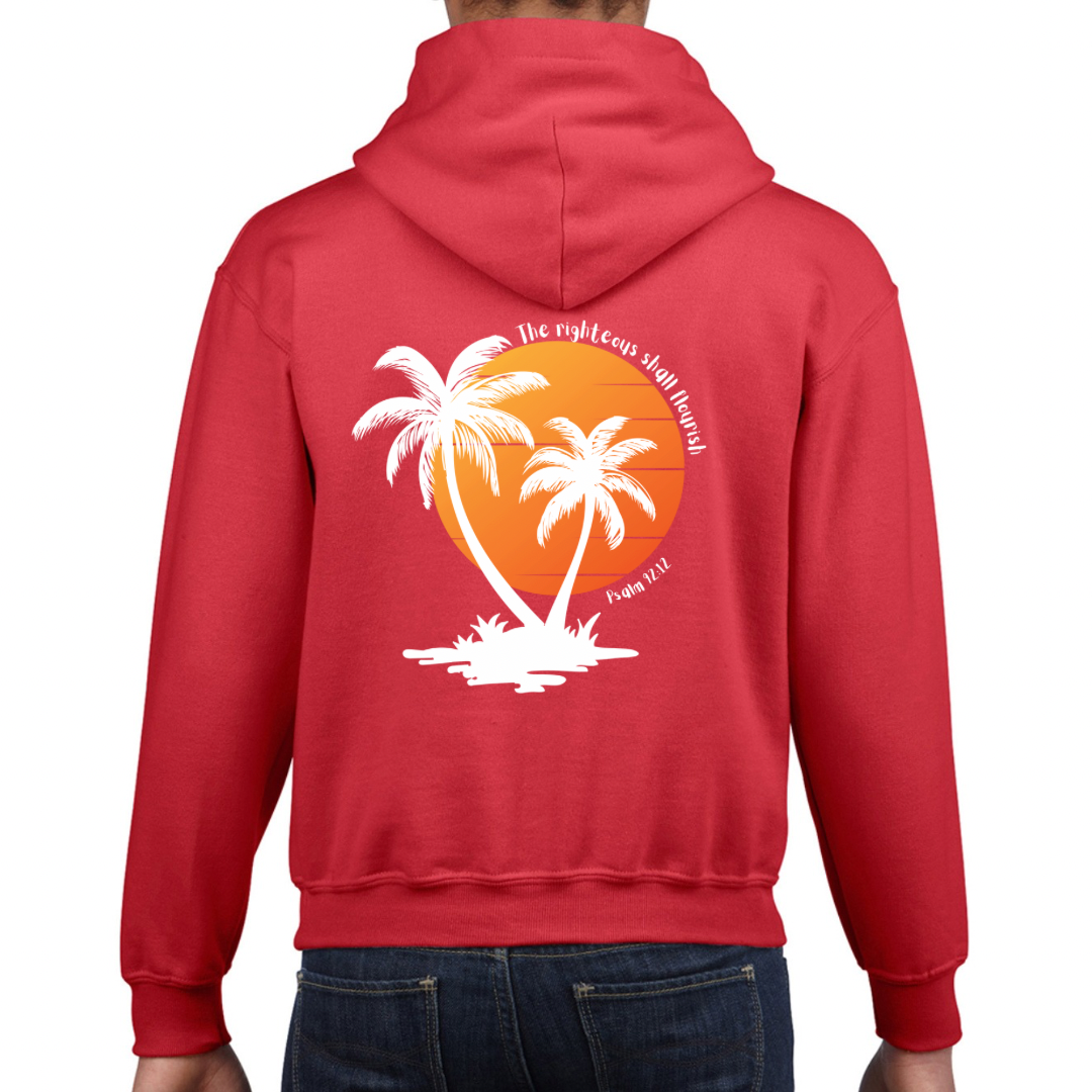 Children’s Christian Hoodie, The Righteous Shall Flourish Psalm 92:12, Palm Tree Sunset Design