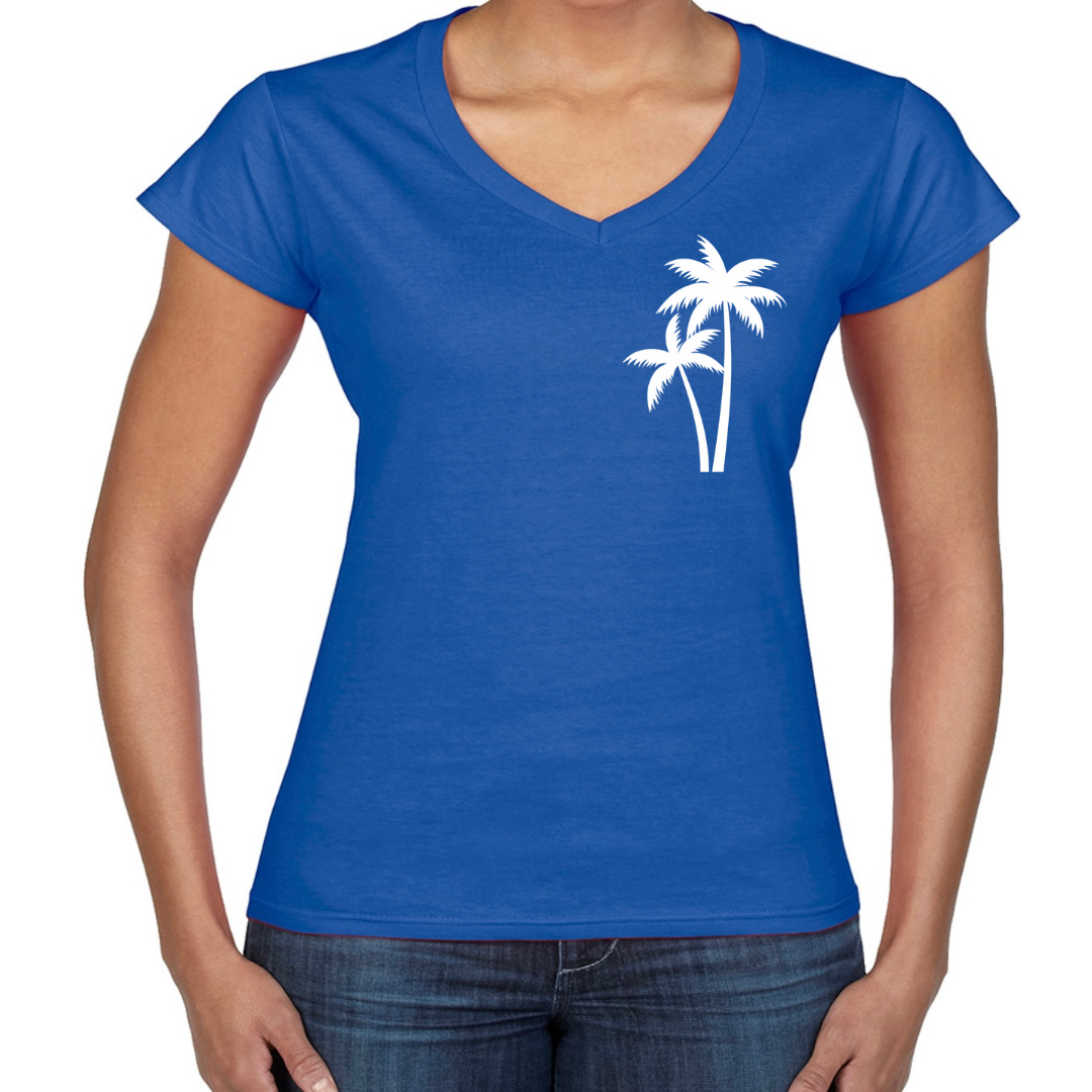 Ladies’ Fitted Christian T-Shirt – The Righteous Shall Flourish Psalm 92:12, Palm Tree Sunset