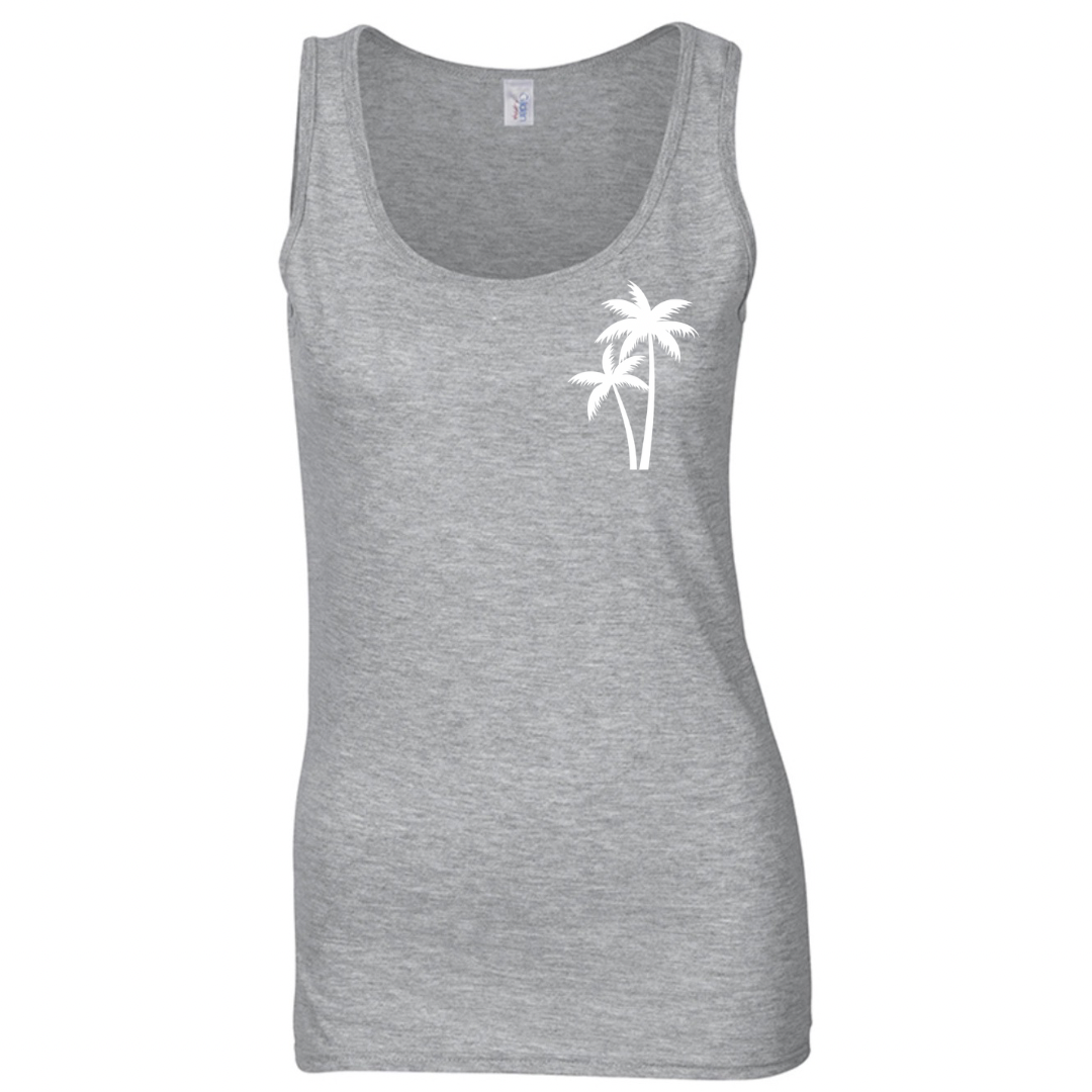 Ladies’ Christian Tank Top – The Righteous Shall Flourish Psalm 92:12, Palm Tree Sunset