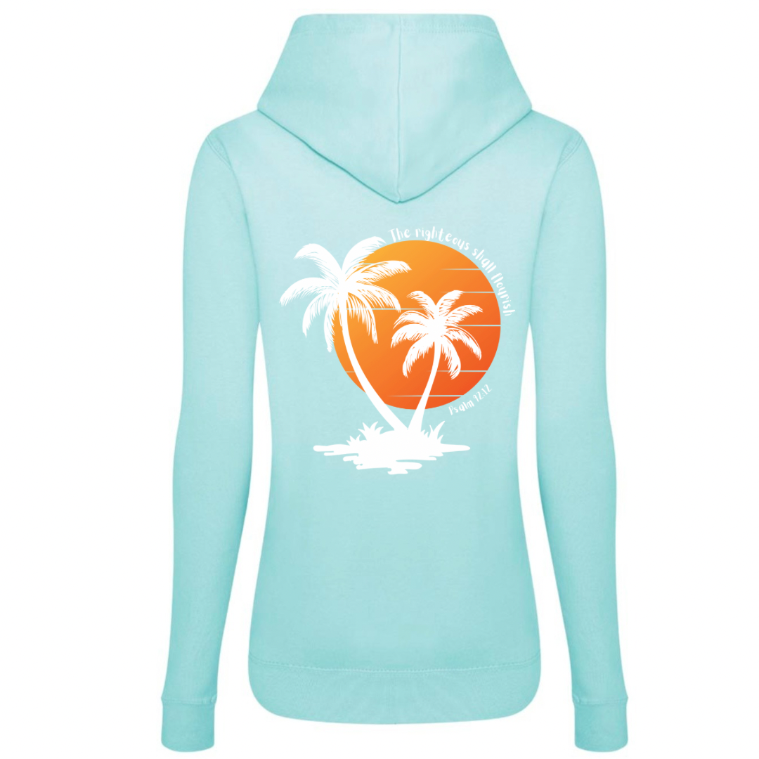 Ladies’ Fitted Christian Hoodie, The Righteous Shall Flourish Psalm 92:12, Palm Tree Sunset