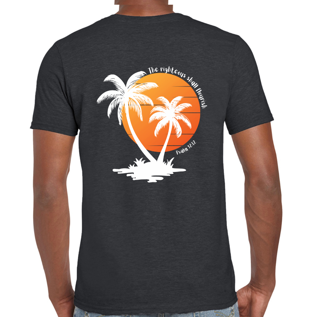 Unisex Christian T-Shirt, The Righteous Shall Flourish Psalm 92:12, Palm Tree Sunset