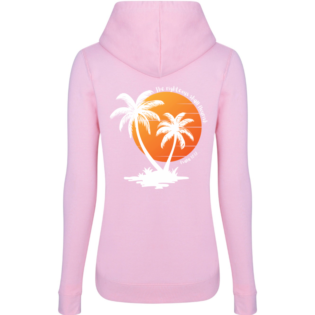 Ladies’ Fitted Christian Hoodie, The Righteous Shall Flourish Psalm 92:12, Palm Tree Sunset