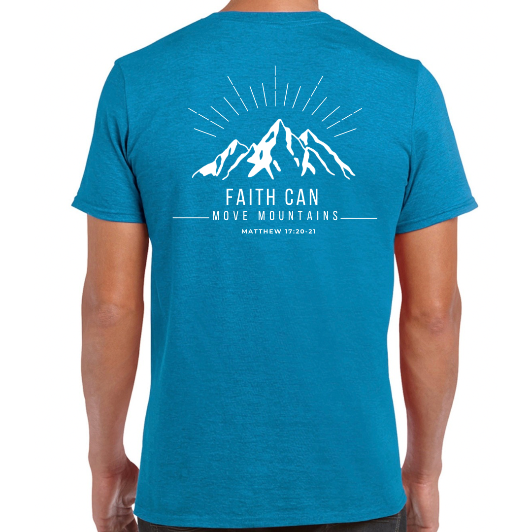 Faith Can Move Mountains Crew neck T shirt Antique Sapphire Back