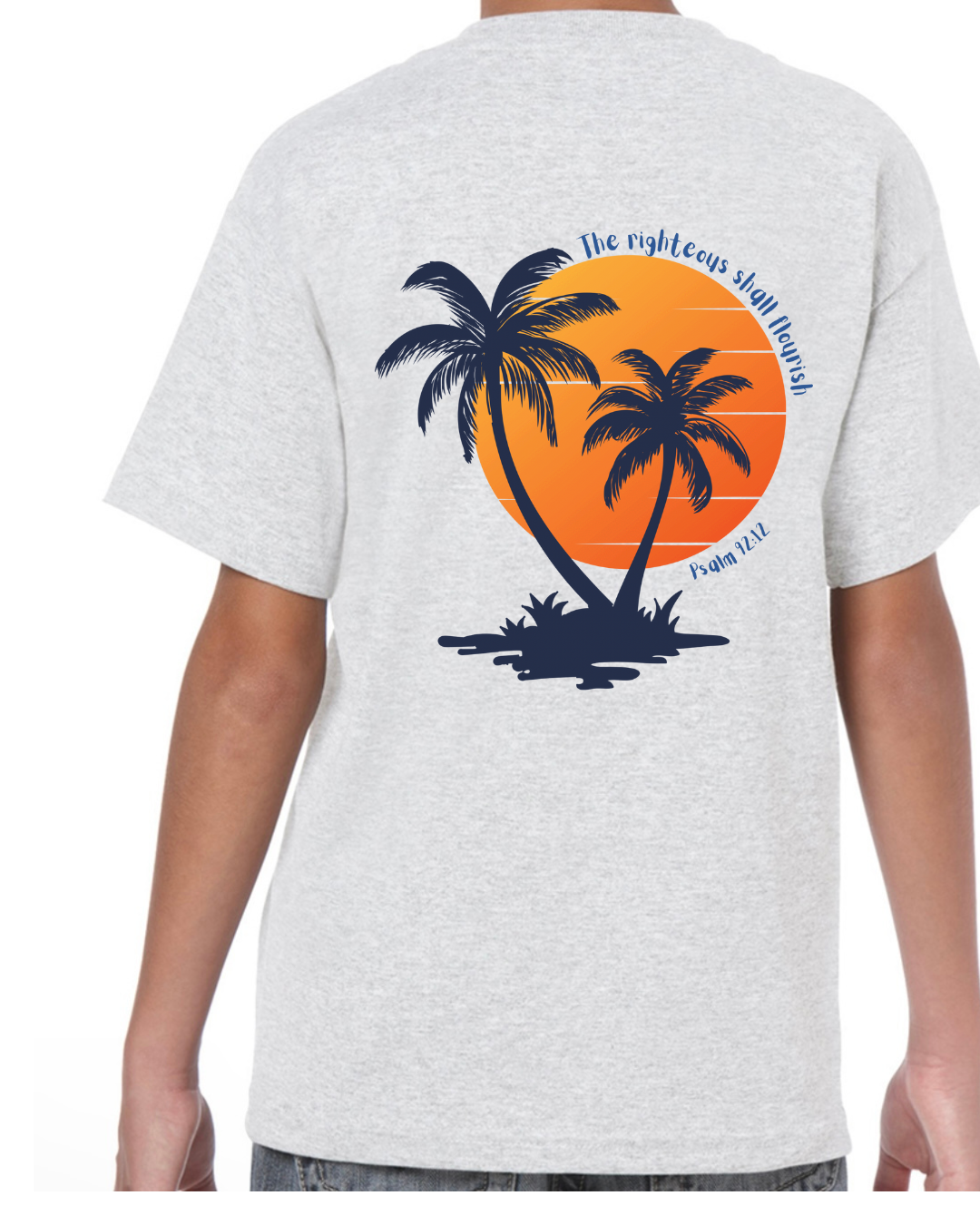 Christian Children’s t shirt – The Righteous Shall Flourish Psalm 92:12, Palm Tree Sunset