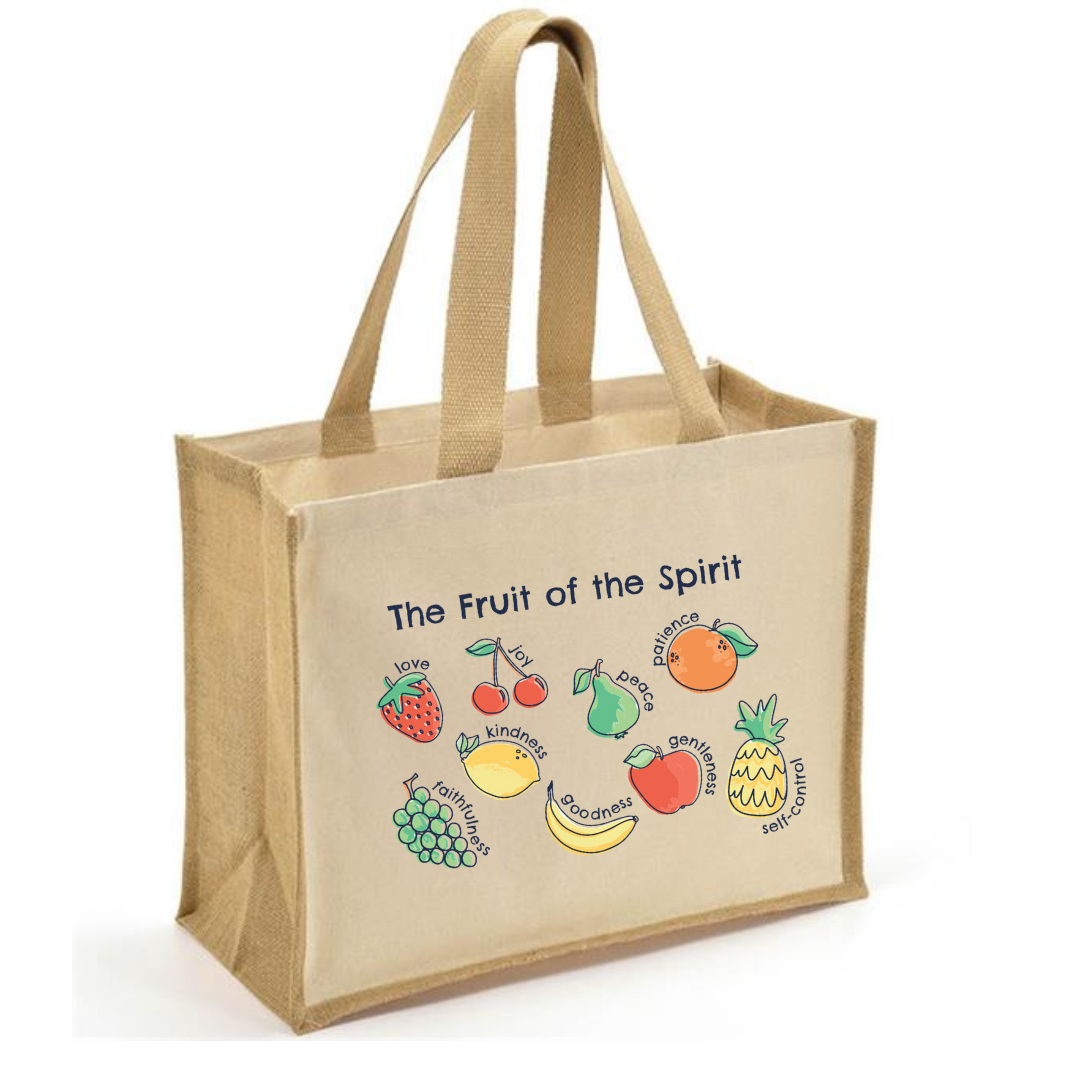 fruits of the spirit Jute bag, bible verse bag, natural