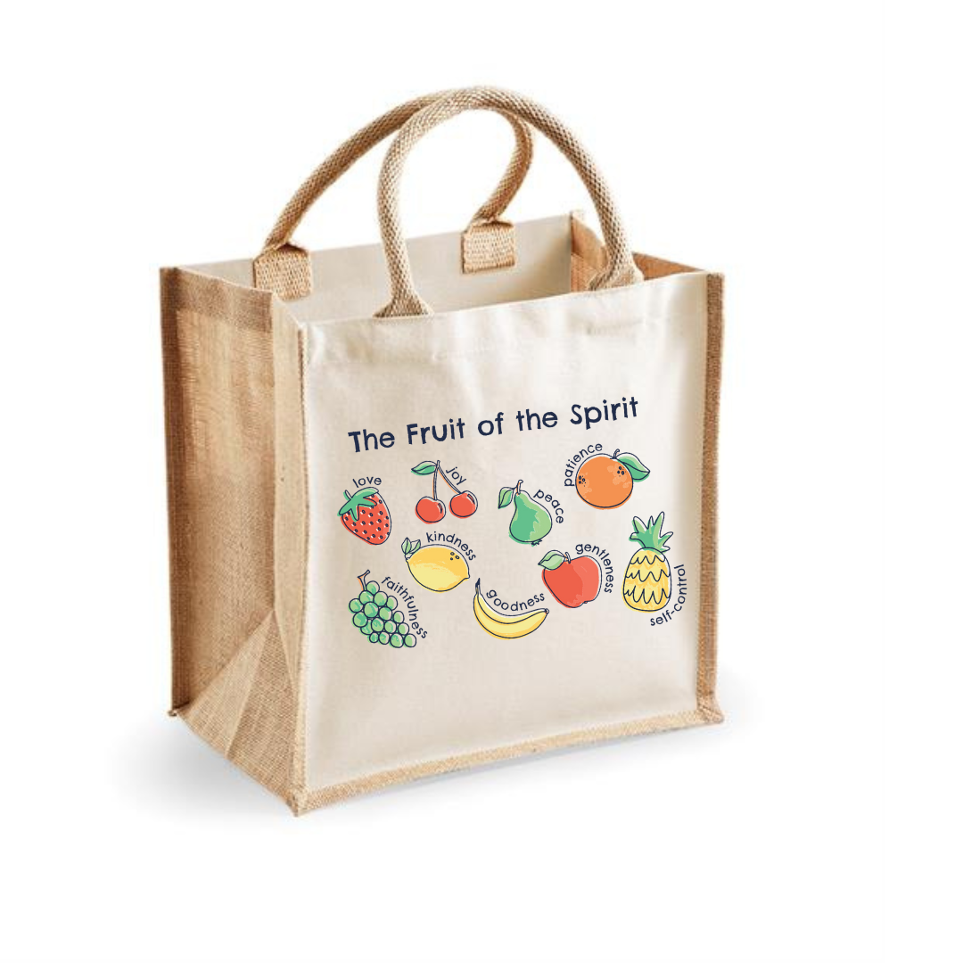 fruits of the spirit Jute bag, bible verse bag, natural