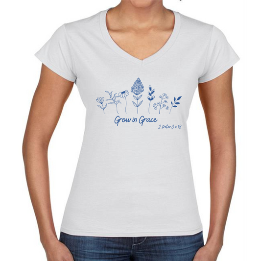 White V Neck Grow in Grace Women's T Shirt