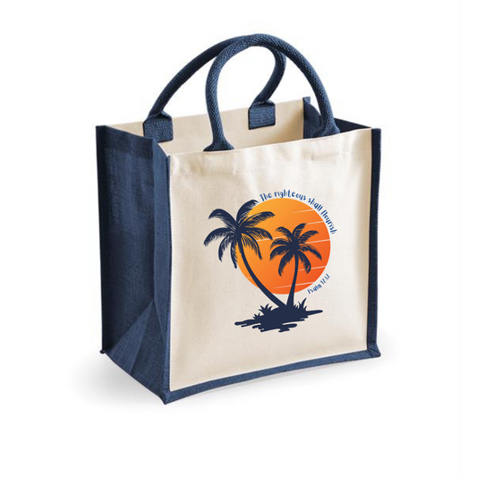 Christian Jute Canvas Tote Bag – The Righteous Shall Flourish Psalm 92:12, Palm Tree Sunset