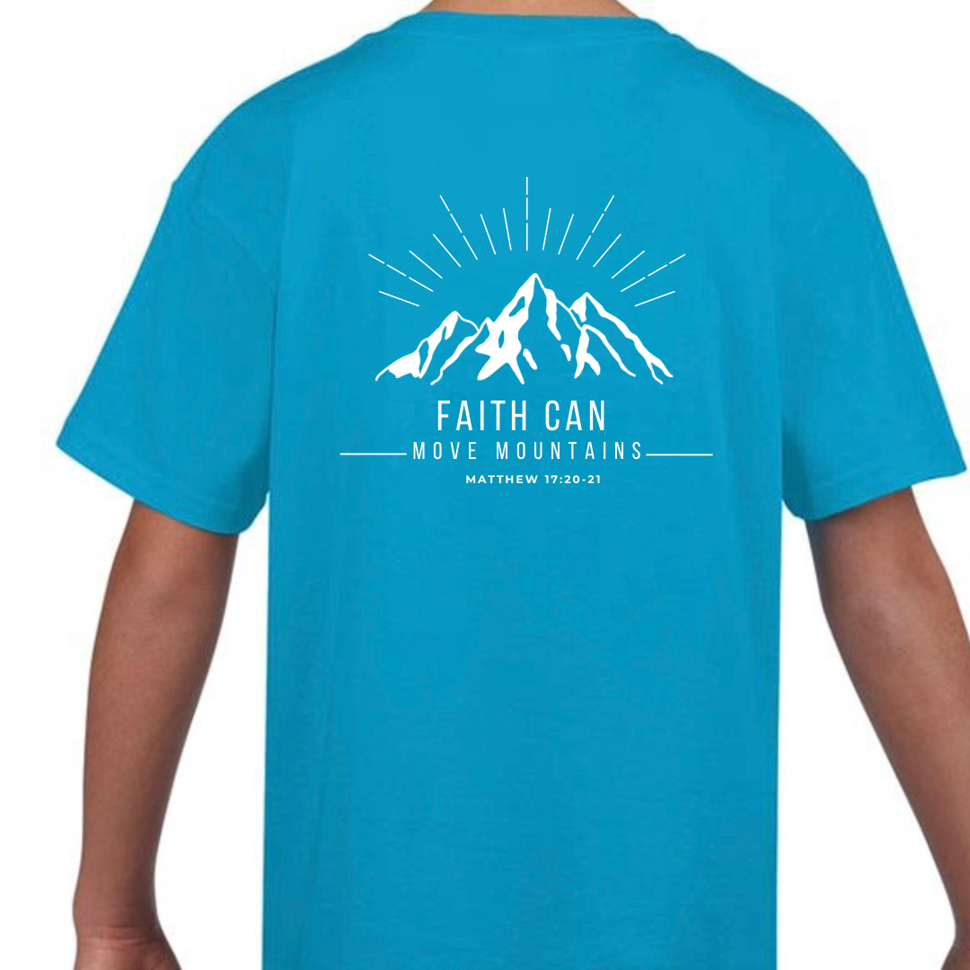 Sapphire Blue Faith Can Move Mountains Child's T Shirt Back