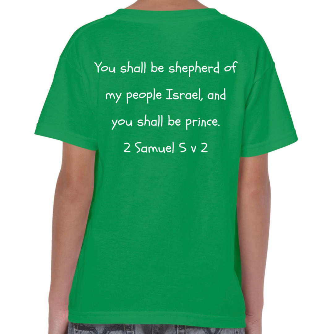 David Bible Hero Bright Green T Shirt Back - Shepherd of my people